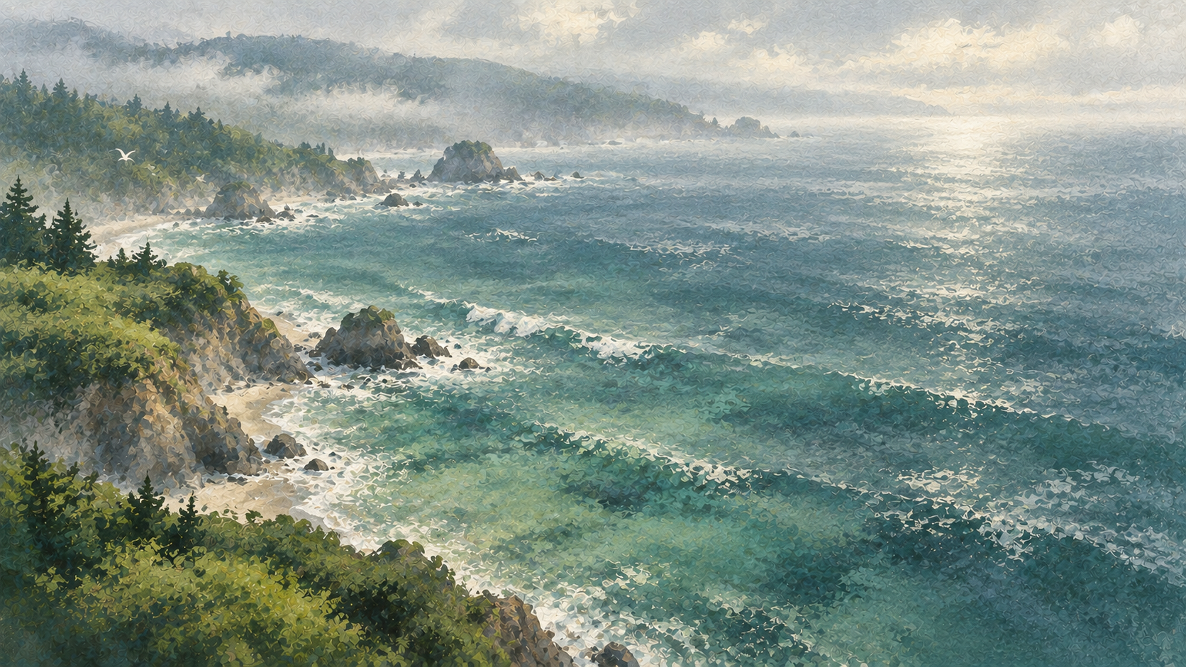 A quiet coast rendered in soft painterly strokes. Secondary color treatment within the same collection.