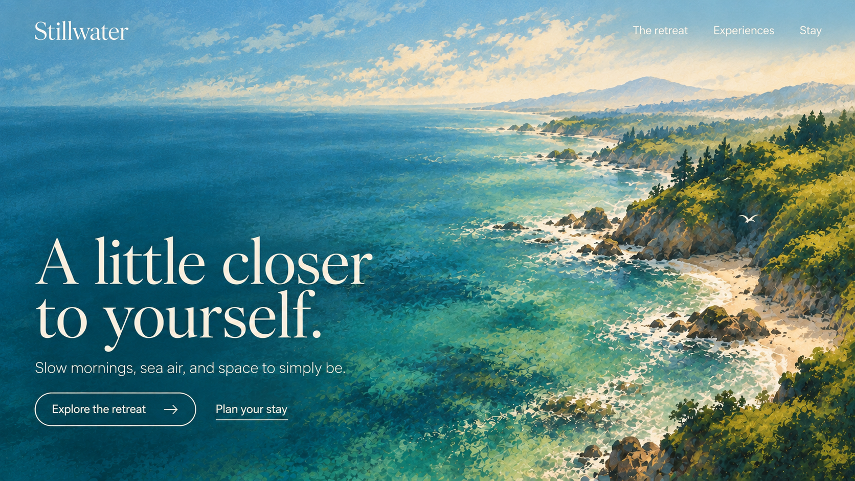 Stillwater · Coastal wellness retreat. Static website hero mockup using Painterly coast imagery.