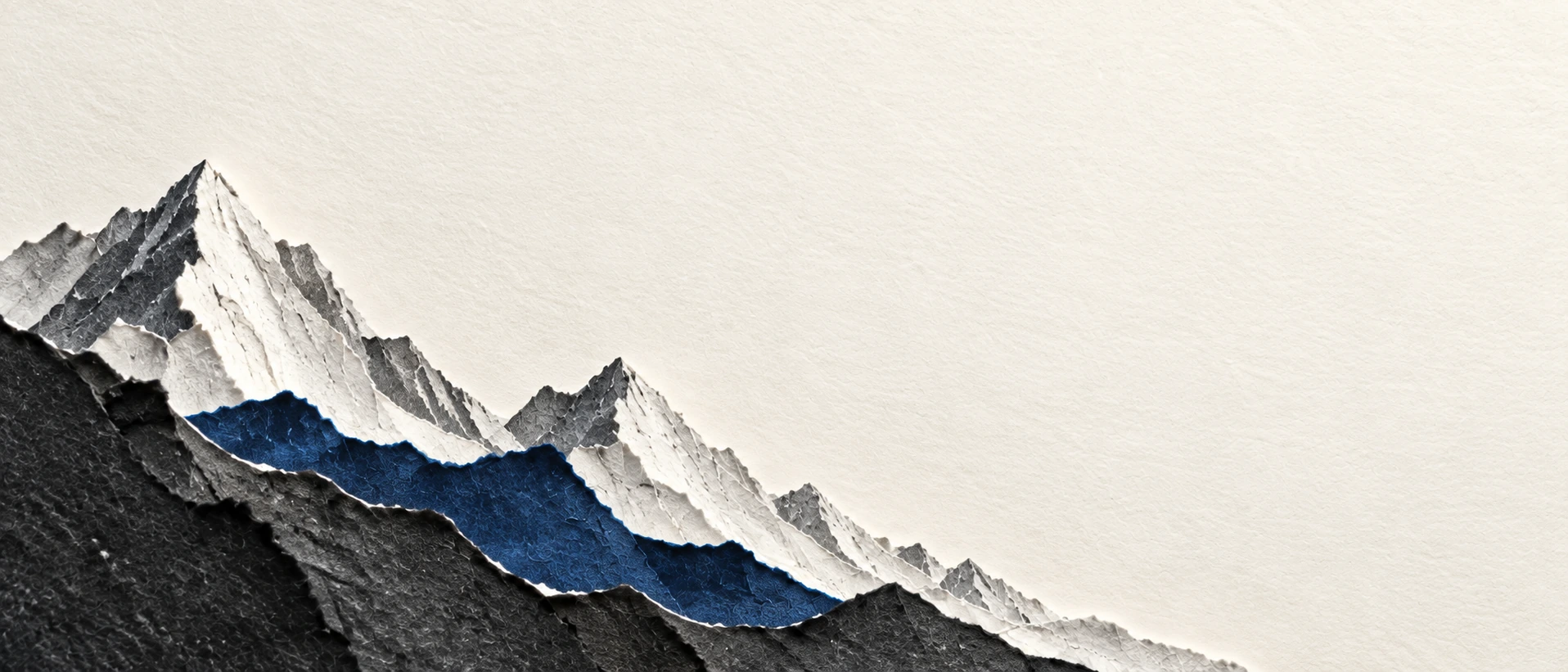 Sculptural mountain ridges cut from ivory and ultramarine paper. Alternate hero with copy on right.