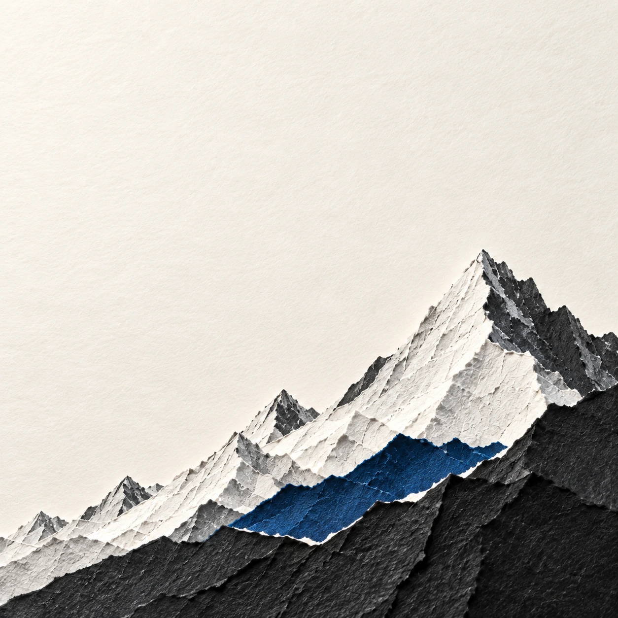 Sculptural mountain ridges cut from ivory and ultramarine paper. Square social or content card.