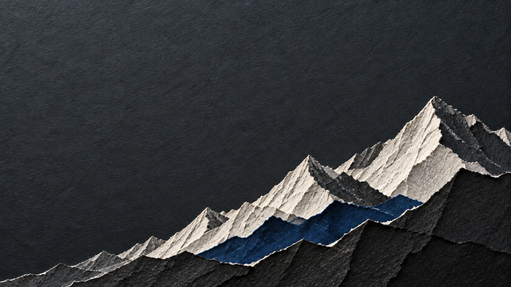 Sculptural mountain ridges cut from ivory and ultramarine paper. Dark section or evening mood.