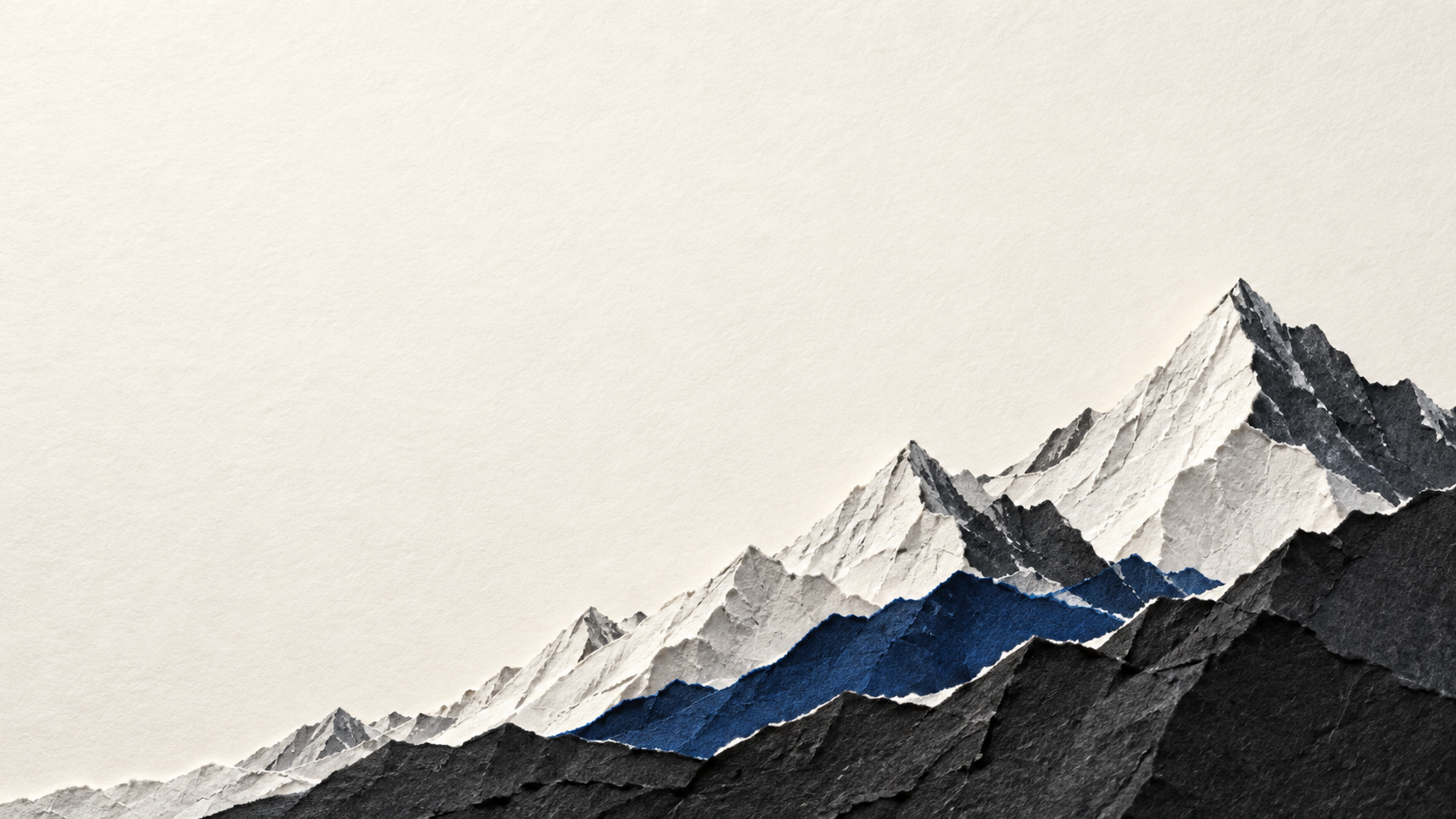 Sculptural mountain ridges cut from ivory and ultramarine paper. Main background.