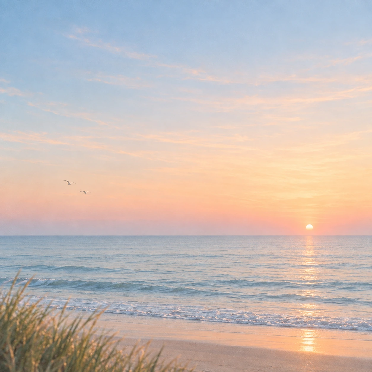 An open horizon in gentle peach-colored light. Service, journal or feature card.