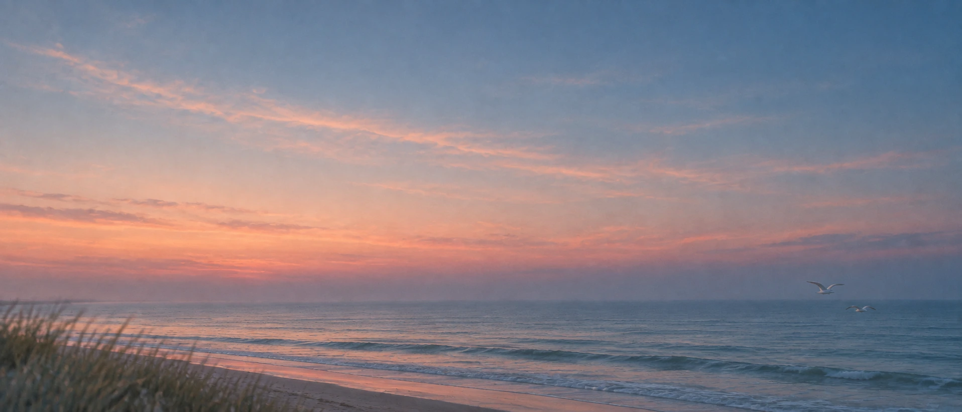 An open horizon in gentle peach-colored light. Dark section or closing banner.