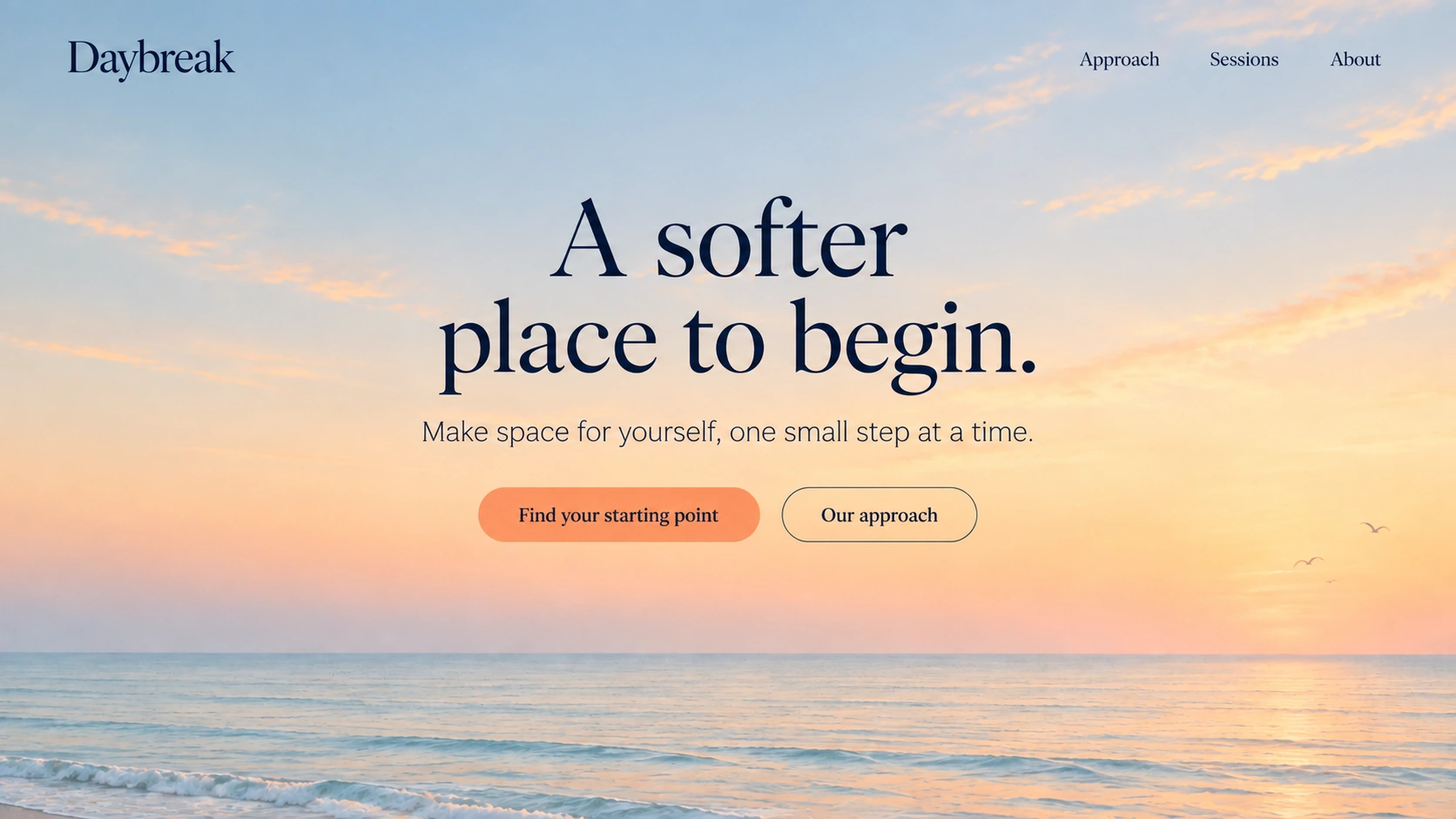 Daybreak · Personal wellbeing practice. Static website hero mockup using Peach horizon imagery.