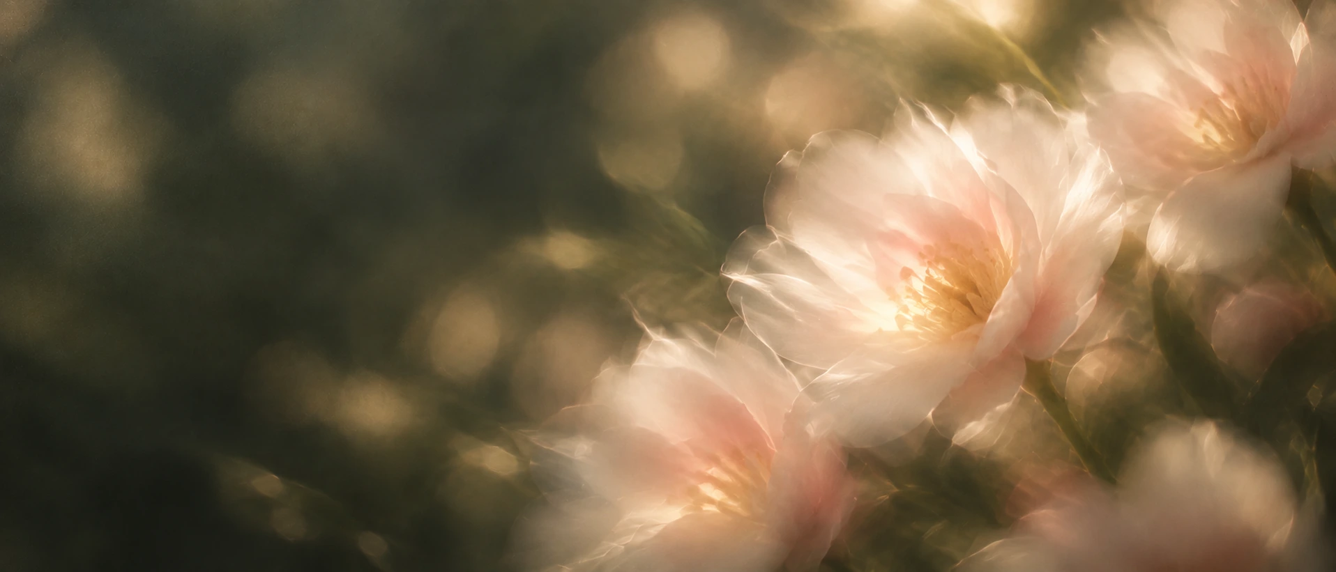 Delicate pearl blossoms in soft, luminous light. Dark section or closing banner.