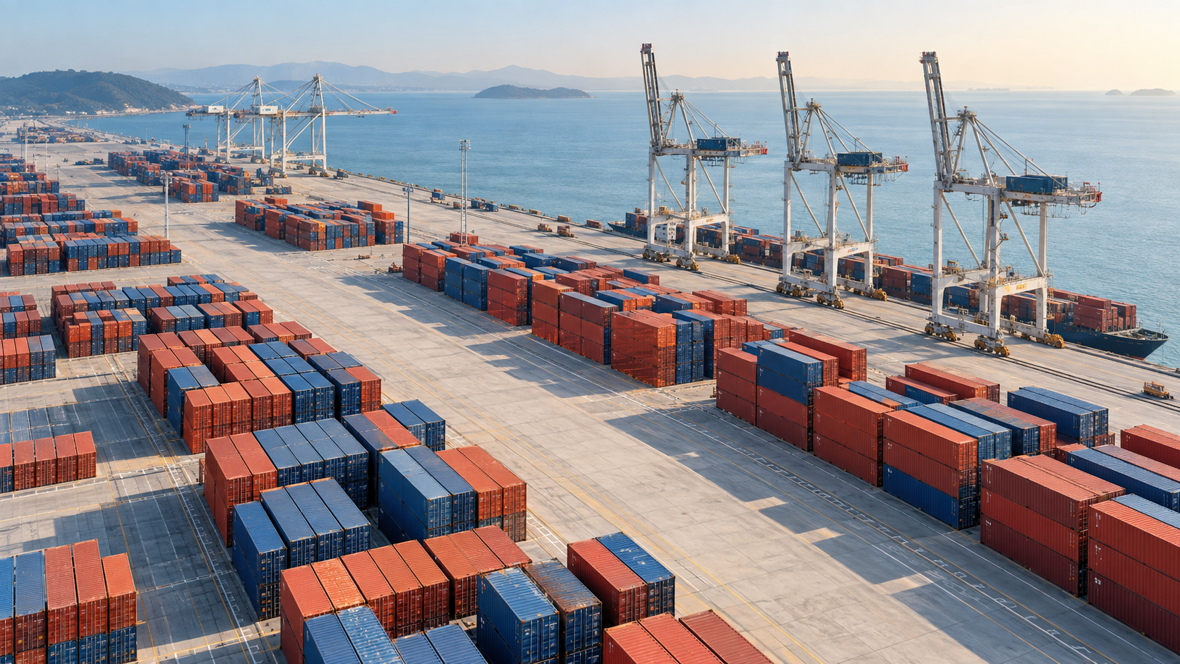 High aerial view of an immense container terminal organized in rectilinear red and cobalt blocks, cranes at far edge, broad pale concrete diagonal separating them.