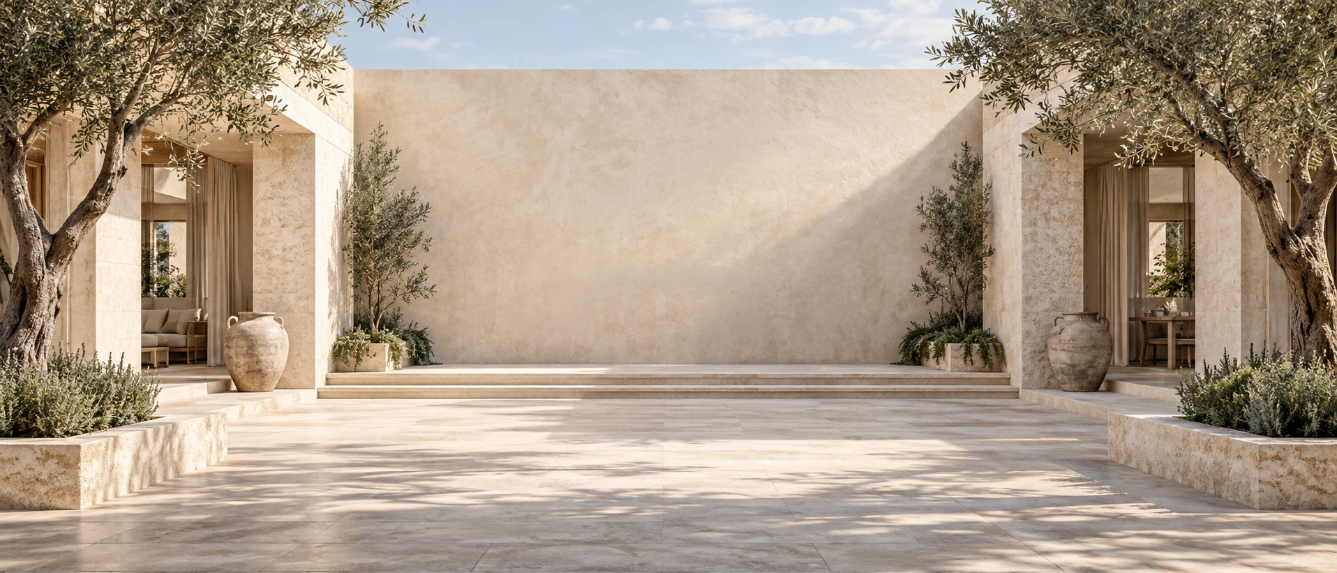 Very wide symmetrical open-air limestone courtyard, small olive trees at outer edges, pale sky opening above, softly lit empty central wall and floor for CTA.