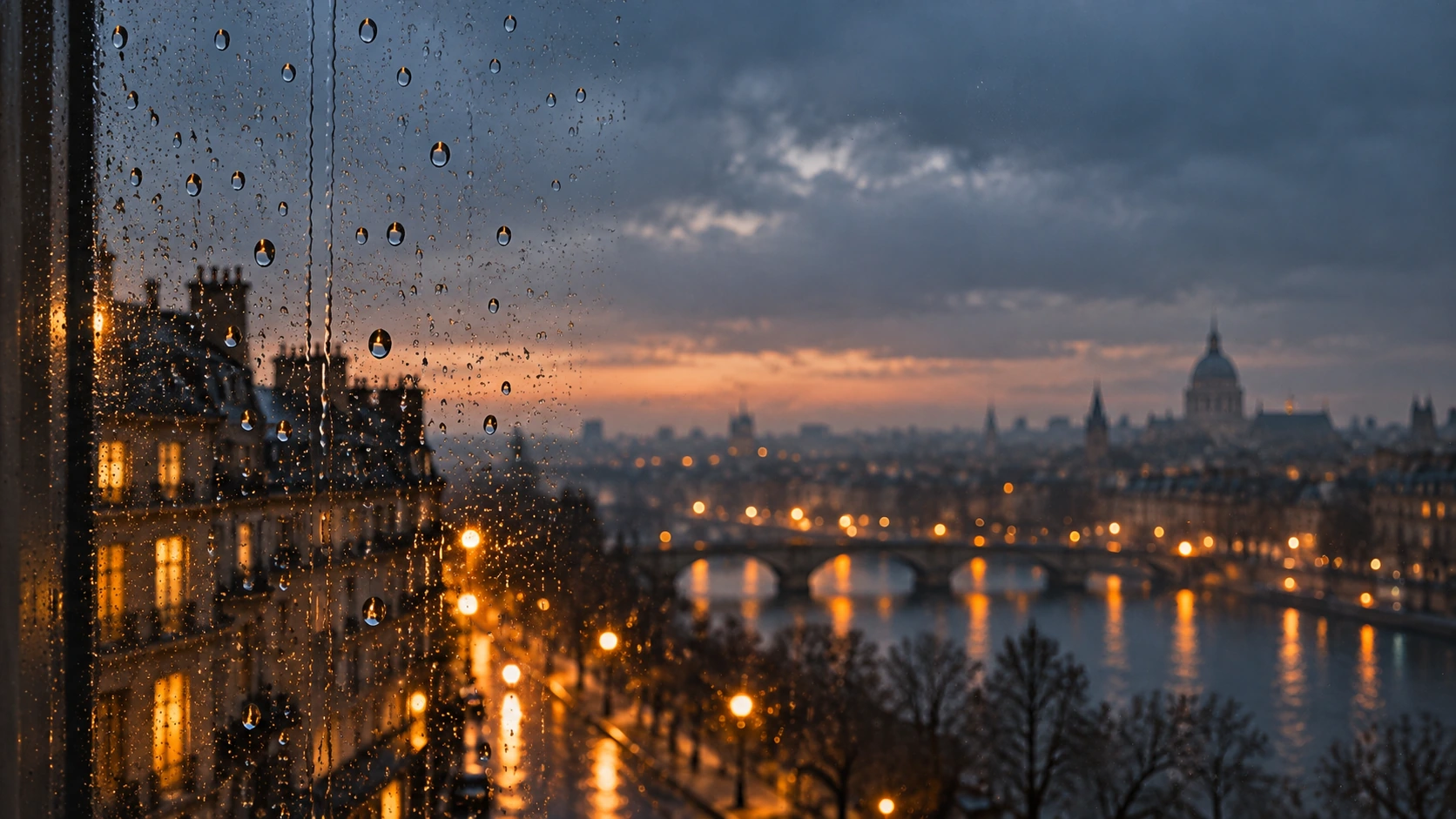 Rain-streaked glass and soft city light. About or editorial section image.