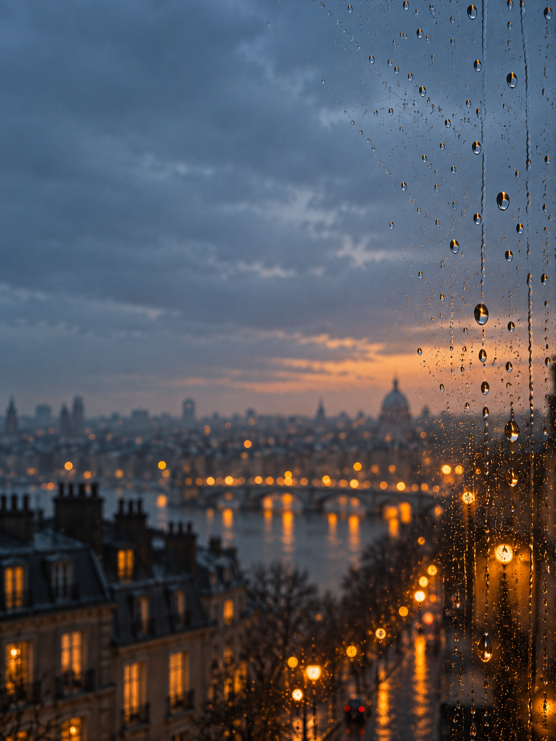 Rain-streaked glass and soft city light. Mobile hero background.