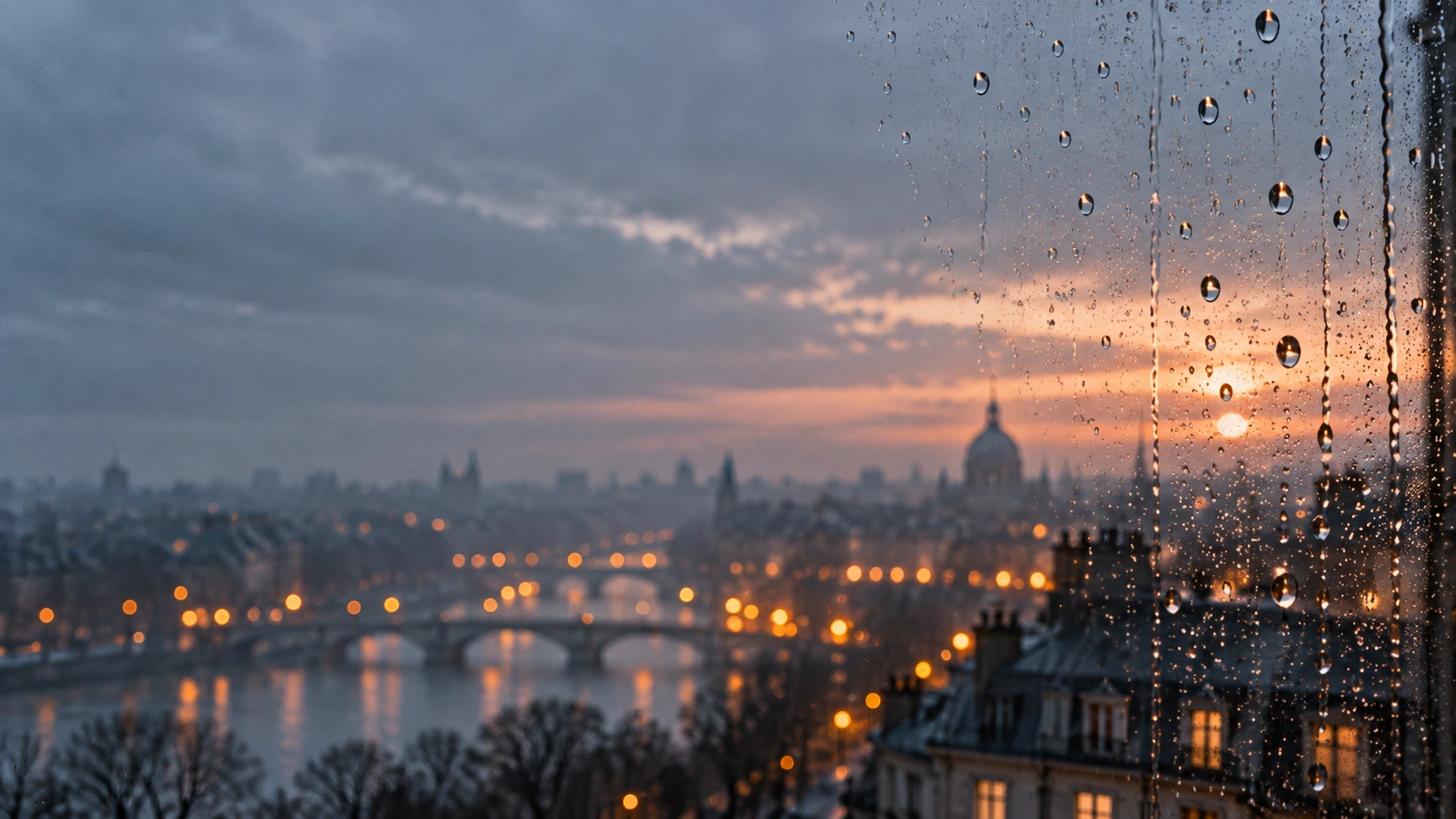 Rain-streaked glass and soft city light. Alternate palette section image.