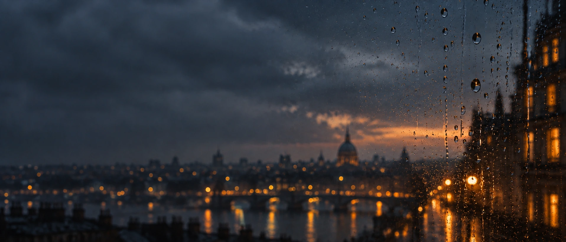 Rain-streaked glass and soft city light. Darker section background.