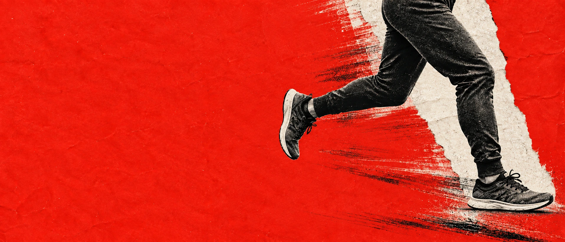 A monochrome runner cut into vivid red editorial paper. Alternate hero with copy on left.