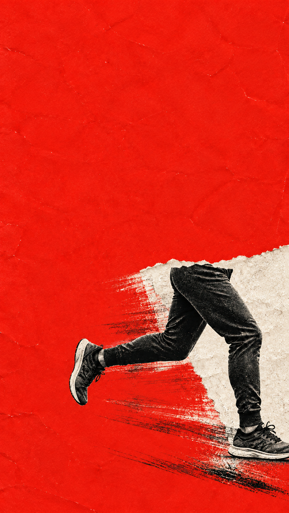 A monochrome runner cut into vivid red editorial paper. Mobile hero.