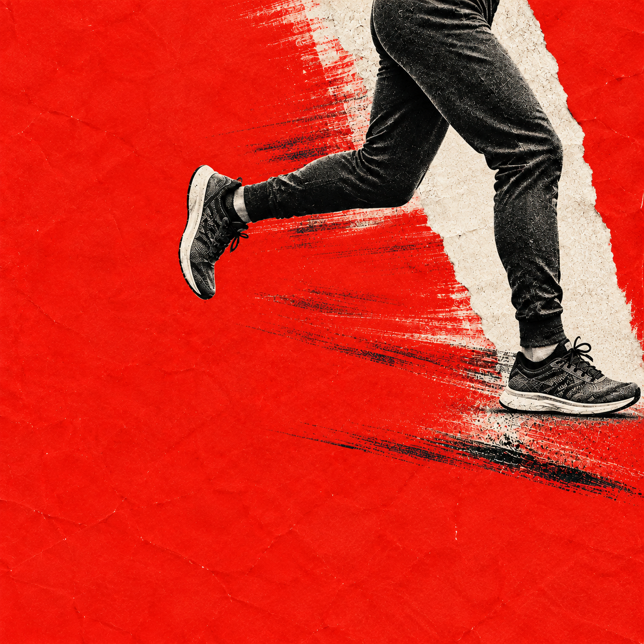 A monochrome runner cut into vivid red editorial paper. Square social or content card.