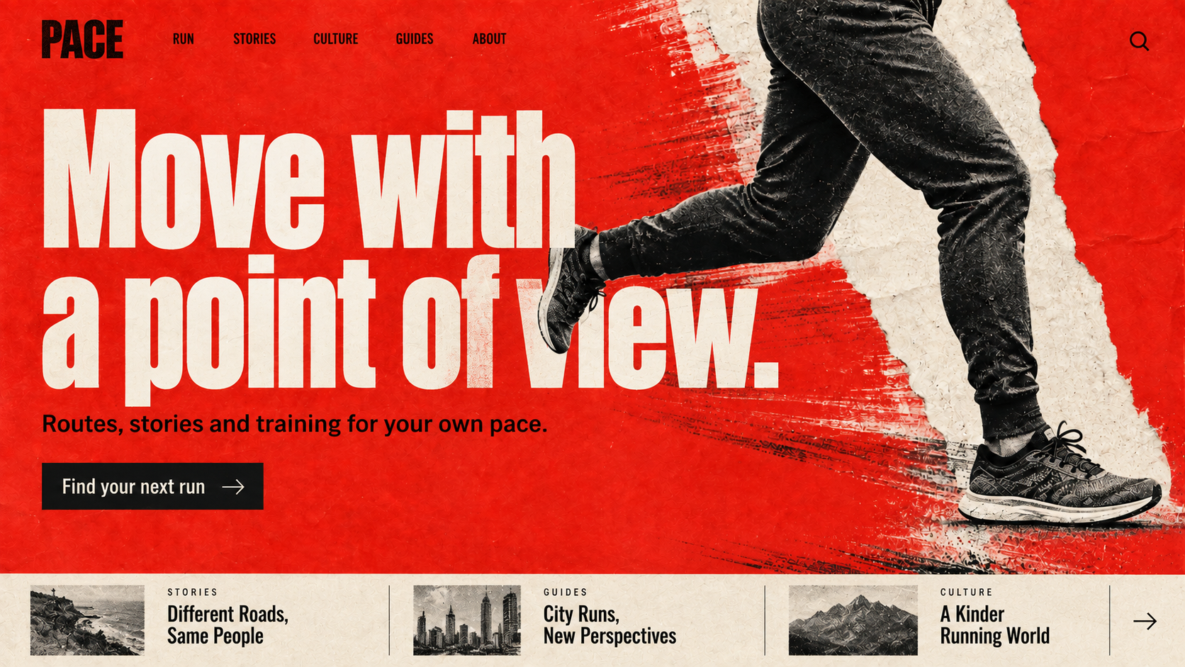 PACE · Independent running culture platform. Static website hero mockup using Redline sprint imagery.