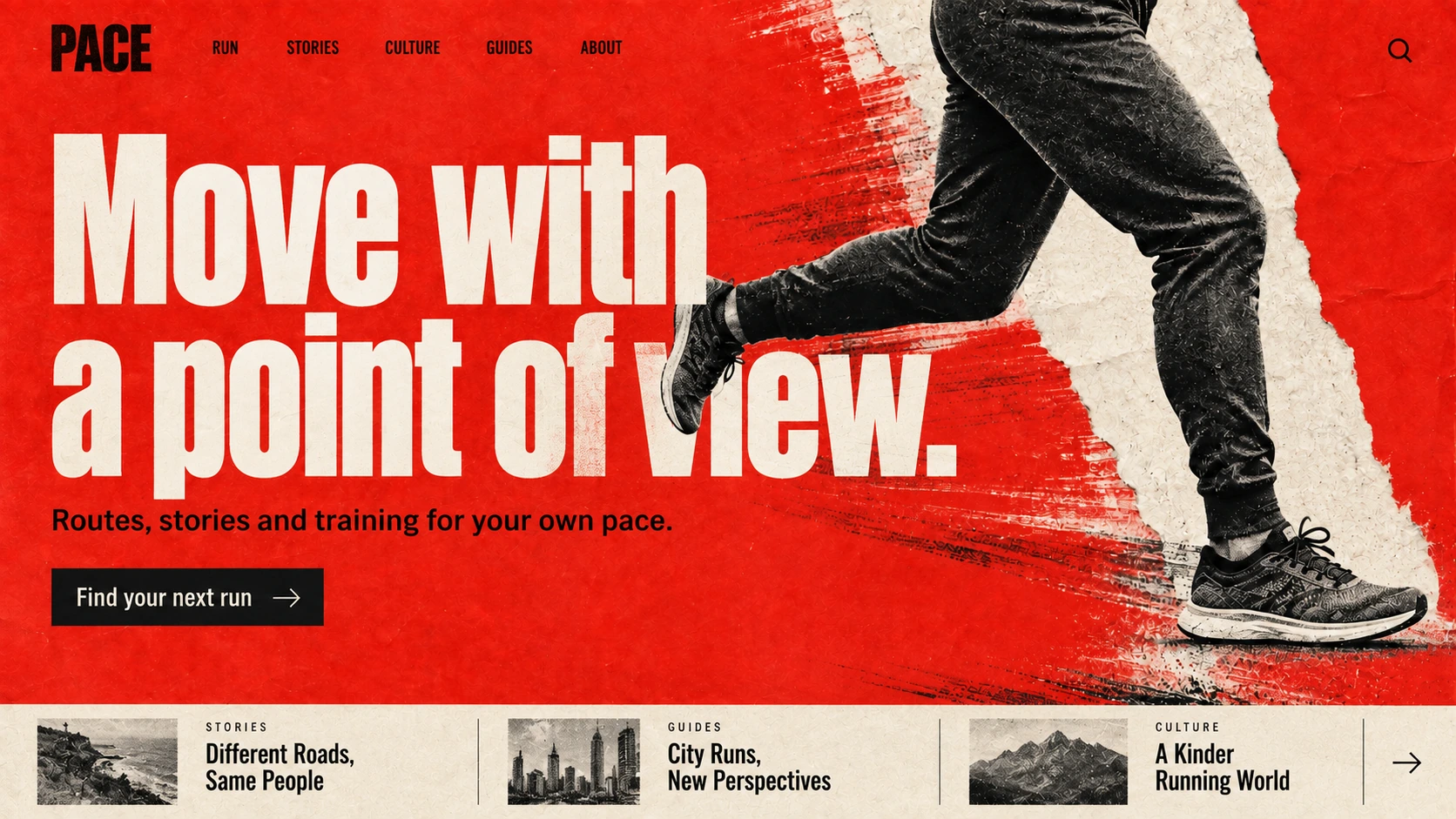 PACE · Independent running culture platform. Static website hero mockup using Redline sprint imagery.
