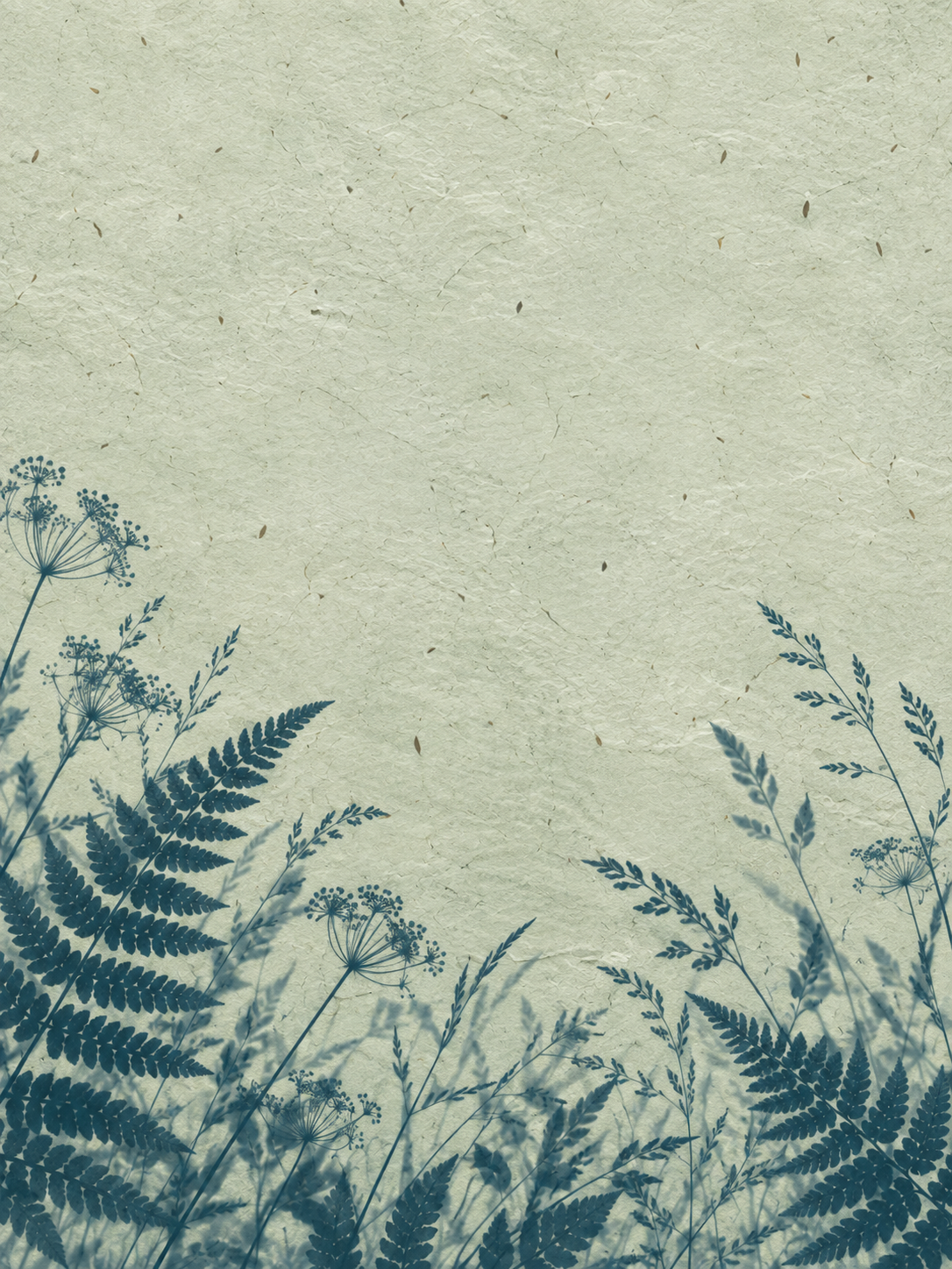 Botanical silhouettes in a restrained sage cyanotype treatment. Mobile hero background.