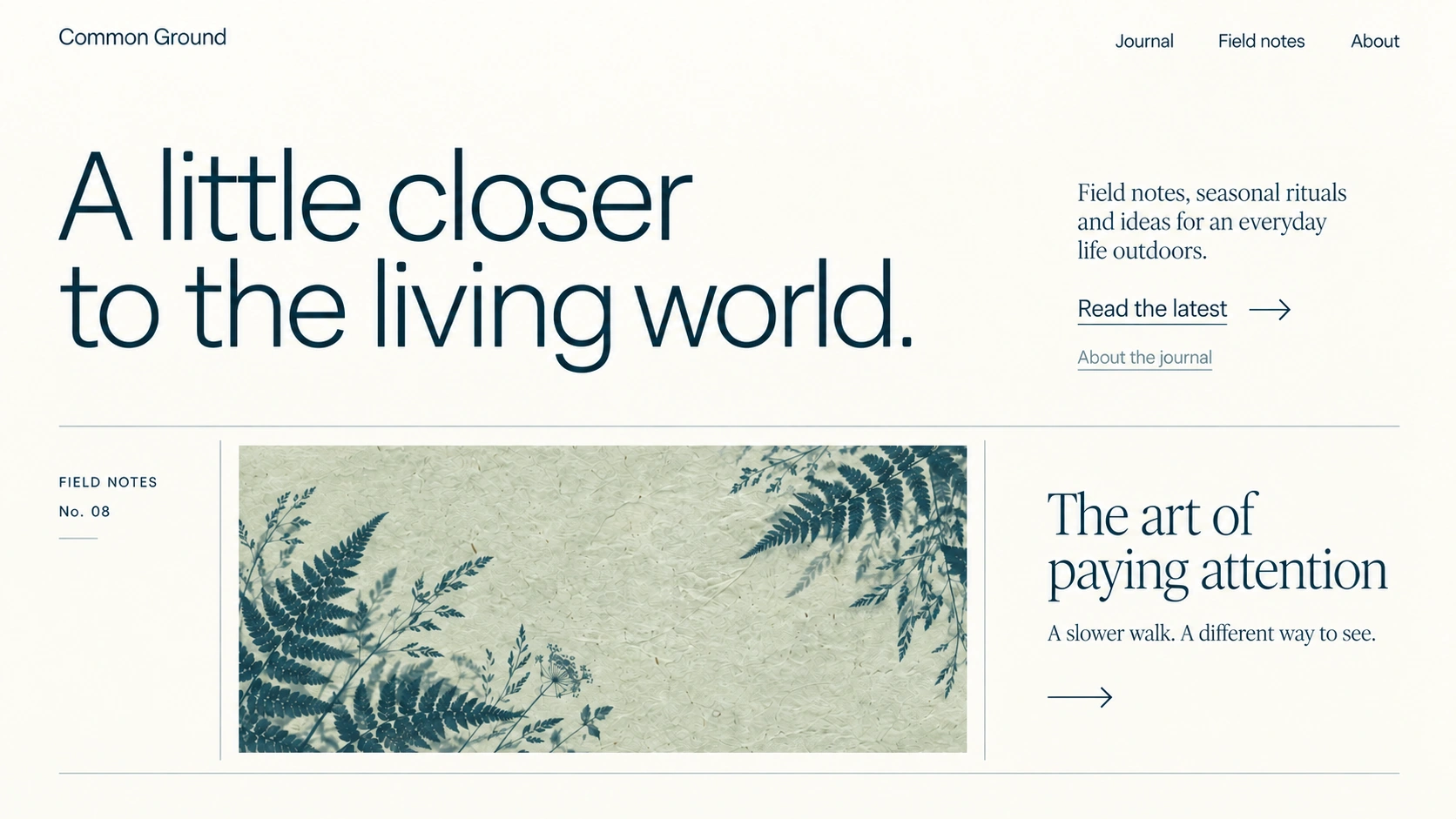 Common Ground · Botanical editorial journal. Static website hero mockup using Sage cyanotype imagery.