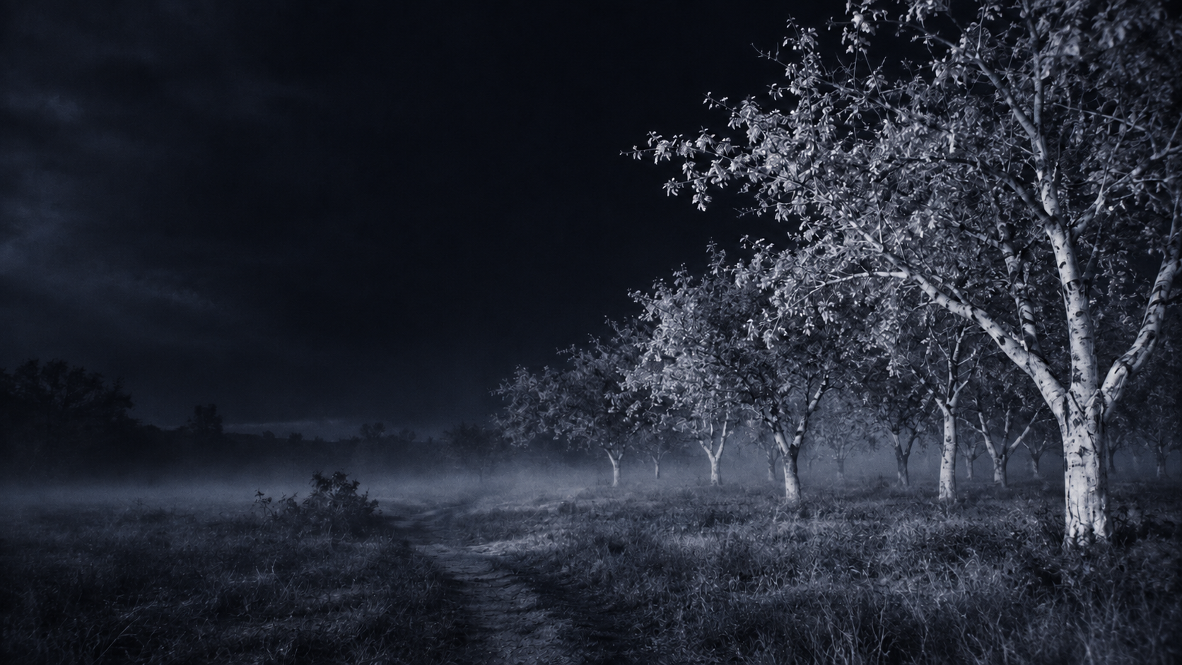 An eerie infrared orchard, wine-red foliage and pale trees. Alternate palette section.