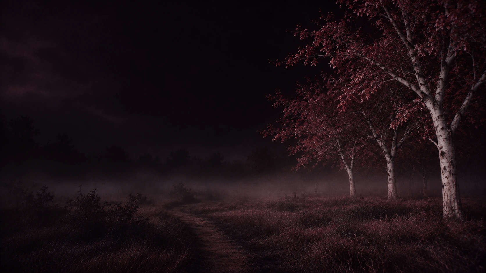 An eerie infrared orchard, wine-red foliage and pale trees. Dark section or evening mood.