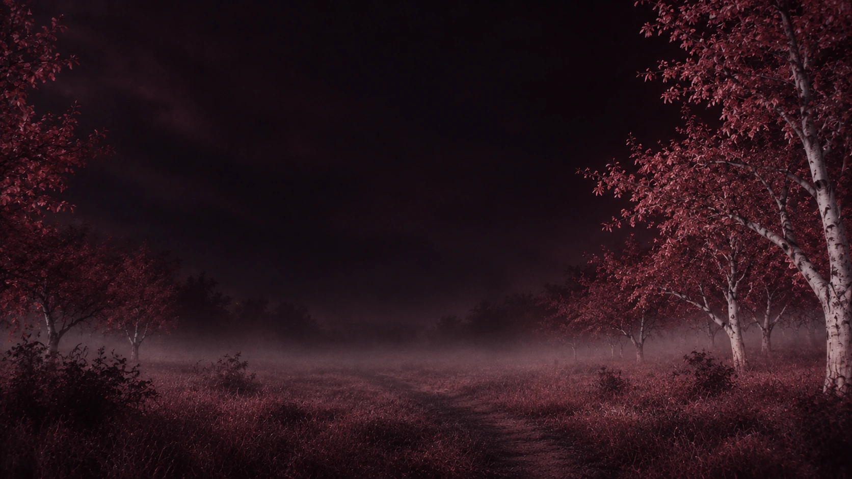 An eerie infrared orchard, wine-red foliage and pale trees. Closing CTA background.