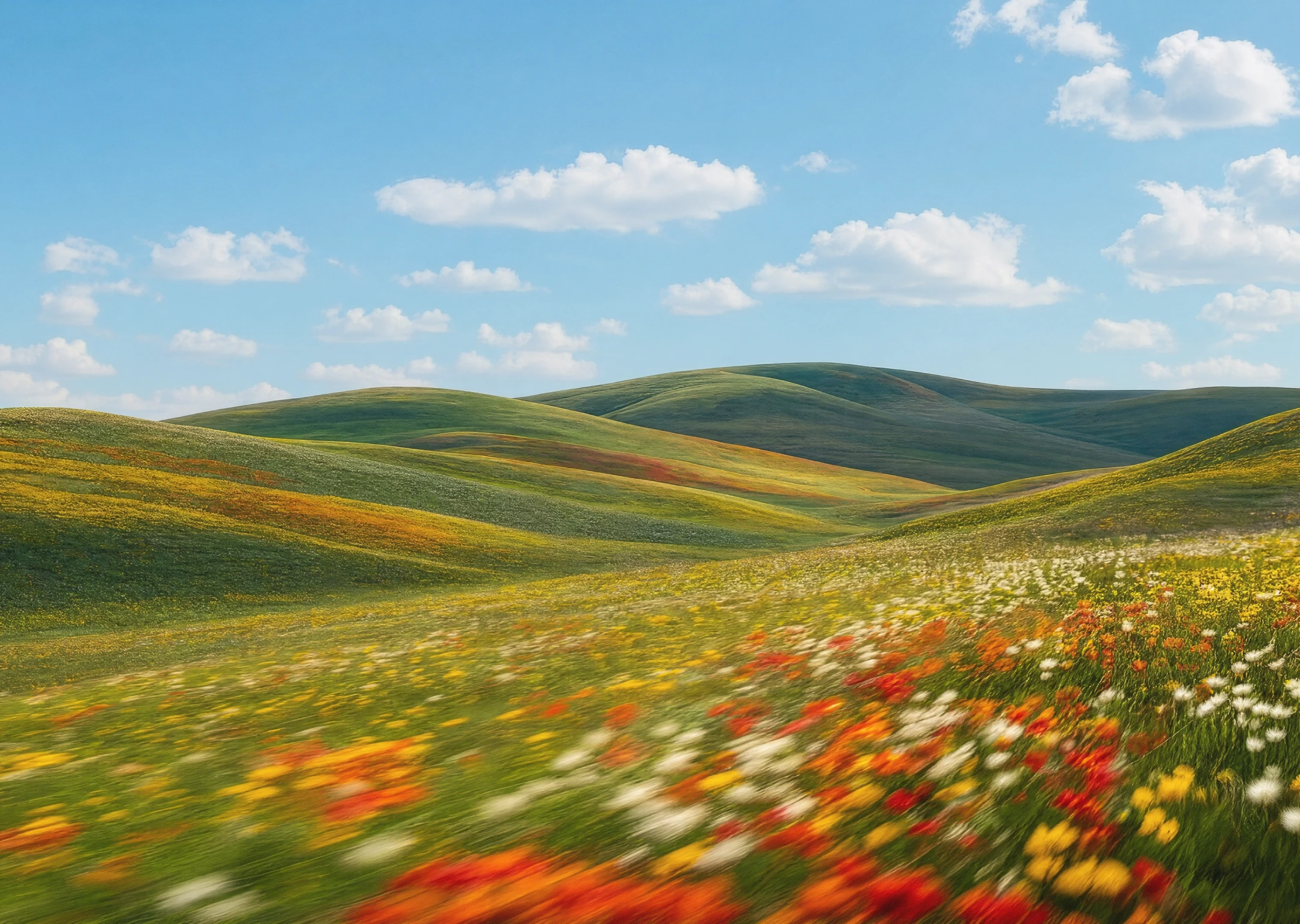Wildflower Hills Under Blue Sky. Original explorations of open landscapes and natural color.