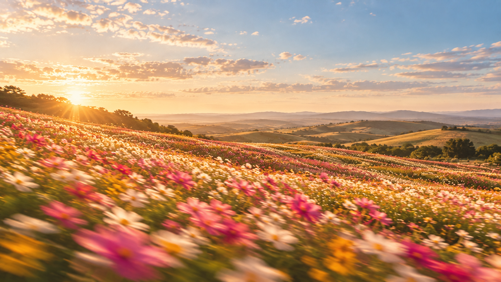 A meadow of wildflowers caught in a summer breeze. About or editorial section image.