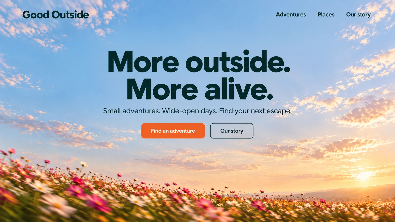 Good Outside · Outdoor experiences. Static website hero mockup using Wildflower wind imagery.